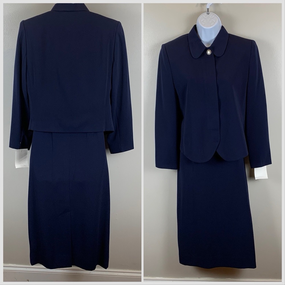 Henry Lee Petites Navy Blue Skirt Suit Set Peter Pan Collarā Jacket Size 8P